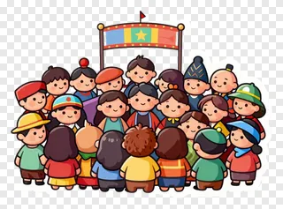 Cartoon crowd at a festival under a flag.