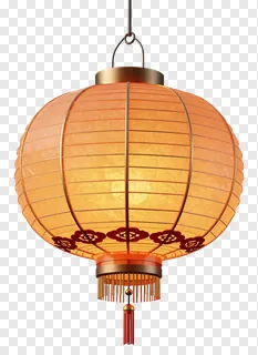 Hanging orange paper lantern with red tassels and floral patterns.