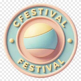 Circular festival emblem with pastel colors and 3D text.