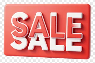 Red 3D sale sign with white letters.