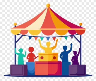 A festive tent with people dancing inside.
