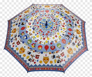 Open umbrella with vibrant cartoon designs for festival use.