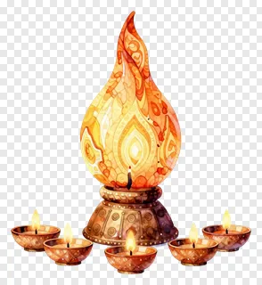 A central flame-shaped diya surrounded by five smaller lit diyas.