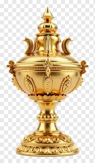Golden Chhath Puja kalash with ornate handles and pedestal base.