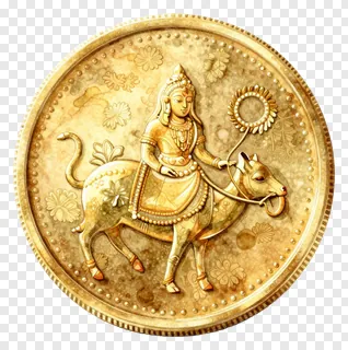 Golden coin depicting a goddess riding a bull.