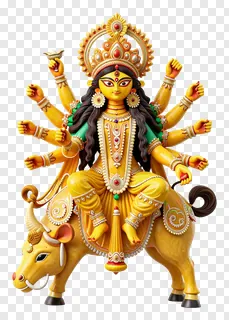 Golden Durga goddess riding a bull mount.