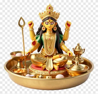 Golden Durga Puja Bhog Thali with ritual offerings.