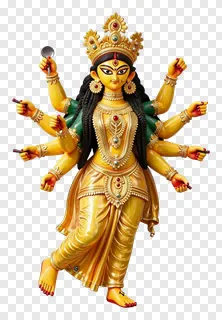Statue of Goddess Durga with many hands and gold attire.