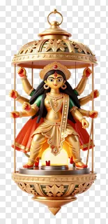 Golden Durga statue inside a decorative lantern.