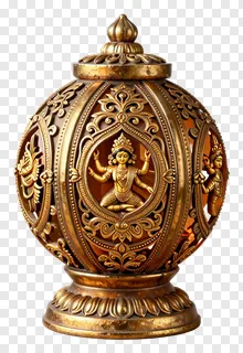 Golden lantern with Durga statue and ornate carvings.