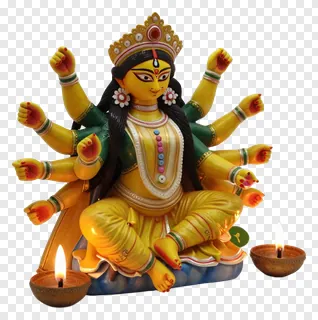 Golden Durga statue with eight arms and two lit diyas.