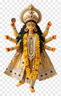 Golden Durga statue wearing a floral garland.