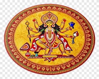 Goddess Durga with eight arms in a golden ornate frame.