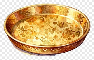 A golden pooja thali with floral designs.