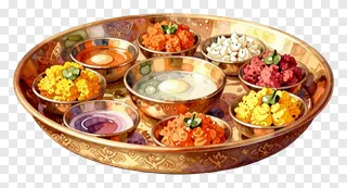A golden Karwa Chauth pooja thali with nine bowls of offerings.