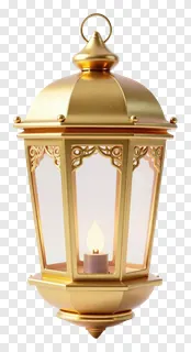 A golden lantern with a lit candle inside.