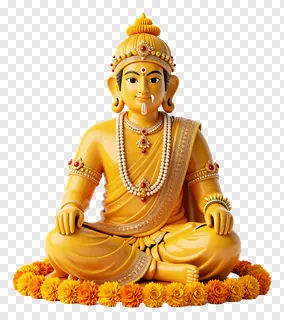 Golden seated deity statue with marigold flowers.