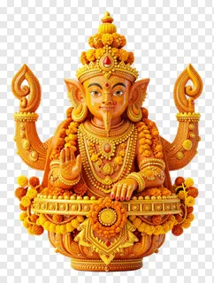 Golden seated deity statue with floral crown and garlands.