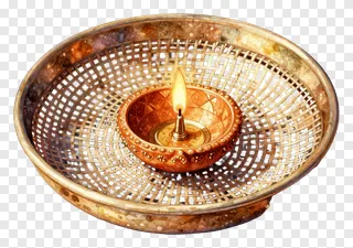 A lit clay oil lamp inside an ornate gold-colored mesh tray.