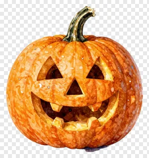 A watercolor-style carved pumpkin with a smiling face.