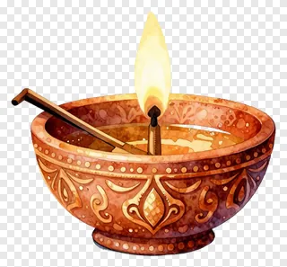 A hand-painted ceramic diya lamp with a lit flame.