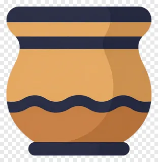 A decorative jar with a lid, in shades of brown and orange.