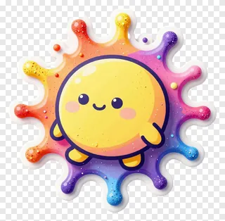 A cute yellow sun character with a rainbow splash of colored powder around it.