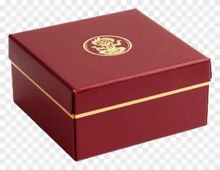 A maroon gift box with gold Durga emblem.