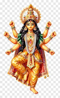Goddess Durga with many arms wearing ornate gold clothing.
