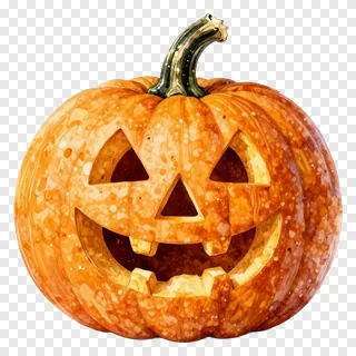 A watercolor-style carved jack-o'-lantern pumpkin.