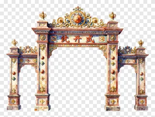 An ornate, multi-tiered festival gate with intricate carvings and colorful patterns.