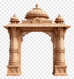 An ornate stone mandap gate with domes and carvings.
