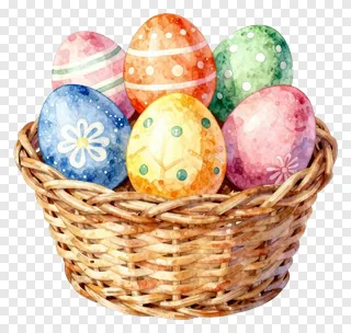 A basket filled with colorful watercolor Easter eggs.