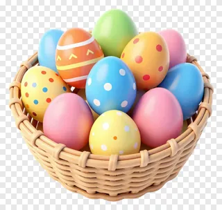 A basket filled with colorful, patterned Easter eggs.
