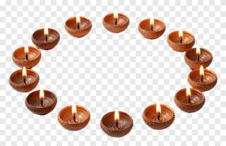 Twelve lit clay diyas arranged in a circle.