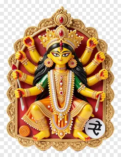 Golden eight-armed Durga statue with red base.