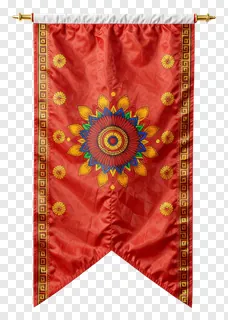 Red Chhath Puja ritual flag with golden mandala design.