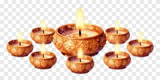 Seven lit clay diyas arranged in a circle.
