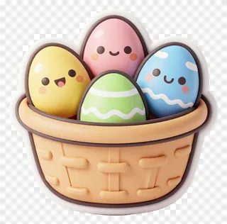 A basket filled with four smiling pastel-colored eggs.