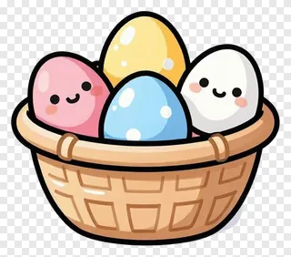 A basket with three smiling, polka-dotted Easter eggs.