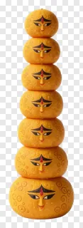 Seven stacked golden Durga faces with alpona designs.