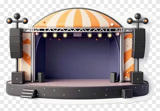 Festival stage with orange-and-white striped roof and lighting equipment.