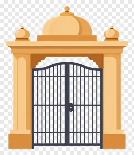 A tan stone mandap gate with a dome and metal grille.
