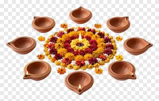 Nine clay oil lamps arranged around a colorful flower pattern.
