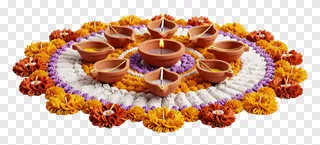 Spiral-shaped rangoli decorated with lit clay lamps and colorful flowers.