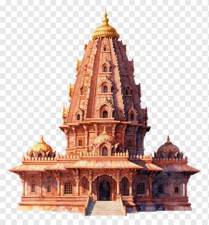 Terracotta temple with golden spire and domes.
