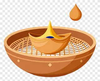 A terracotta sieve with a lit diya and a falling oil drop.