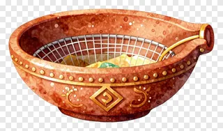 A terracotta sieve with gold accents containing a diya.