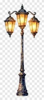 Three vintage-style lanterns glowing warmly on a decorative pole.