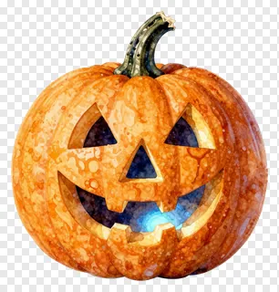 A watercolor painted carved pumpkin with a smiling face.